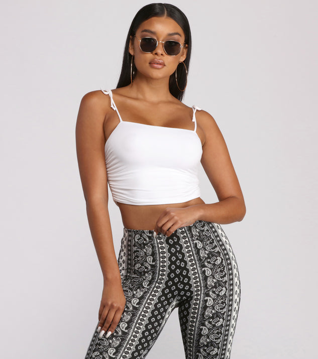 With fun and flirty details, Tie Strap Ruched Crop Tank Top shows off your unique style for a trendy outfit for the summer season!