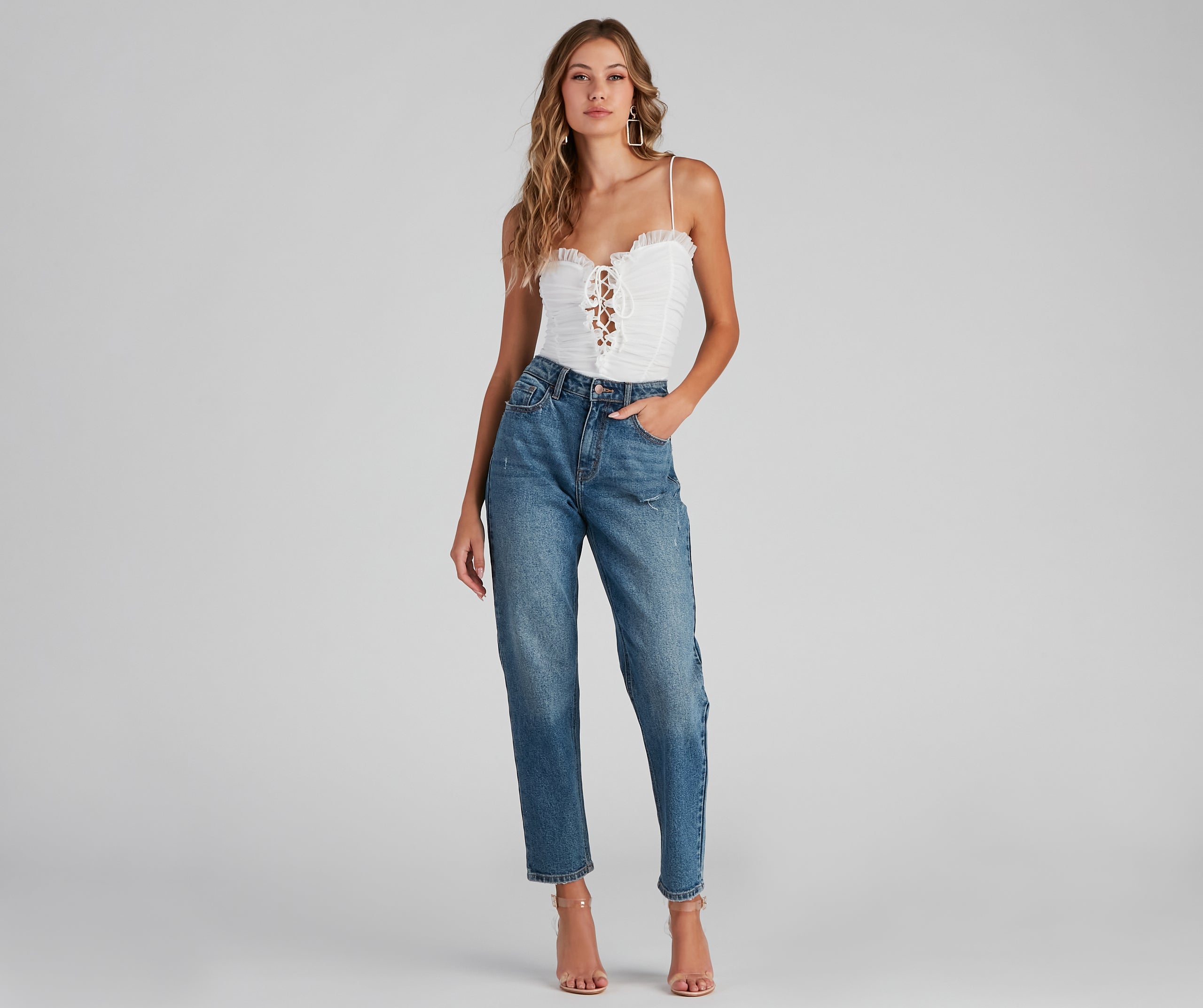 Ruched Ruffle Lace-Up Bodysuit | Windsor