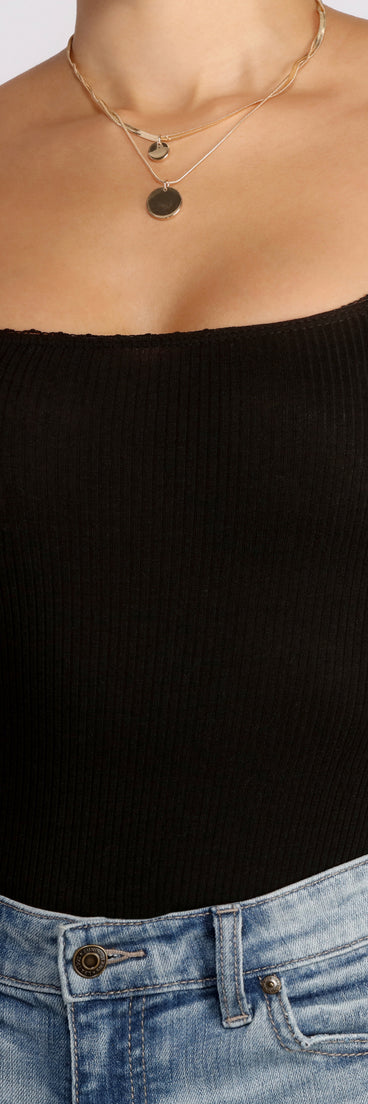 Ribbed Scallop Trim Black Bodysuit Front Top