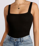 Ribbed Scallop Trim Black Bodysuit Front Top