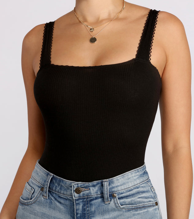 Ribbed Scallop Trim Black Bodysuit Front Top