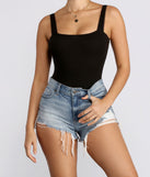 Ribbed Scallop Trim Black Bodysuit Tank Straps