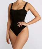 Ribbed Scallop Trim Black Bodysuit Front Body