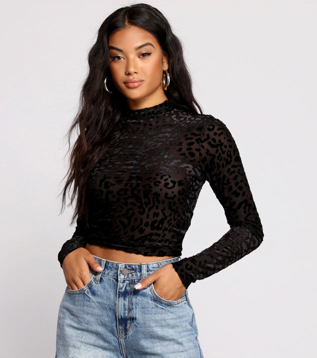 Dress up in Sassy Stunner Flocked Leopard Print Crop Top as your going-out dress for holiday parties, an outfit for NYE, party dress for a girls’ night out, or a going-out outfit for any seasonal event!