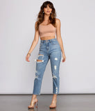 Double Strap Basic Beige Crop Top styled with Windsor high waist jeans and clear thin block heels