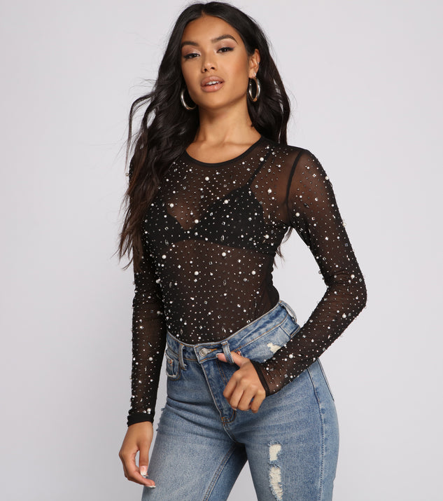 Glam Goals Mesh Rhinestone and Pearl Bodysuit helps create the best bachelorette party outfit or the bride's sultry bachelorette dress for a look that slays!