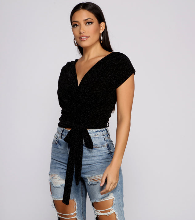Dress up in Light Up The Night Glitter Lurex Tie Waist Top as your going-out dress for holiday parties, an outfit for NYE, party dress for a girls’ night out, or a going-out outfit for any seasonal event!