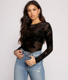 Flocked Floral Mesh Bodysuit creates the perfect New Year’s Eve Outfit or new years dress with stylish details in the latest trends to ring in 2023!