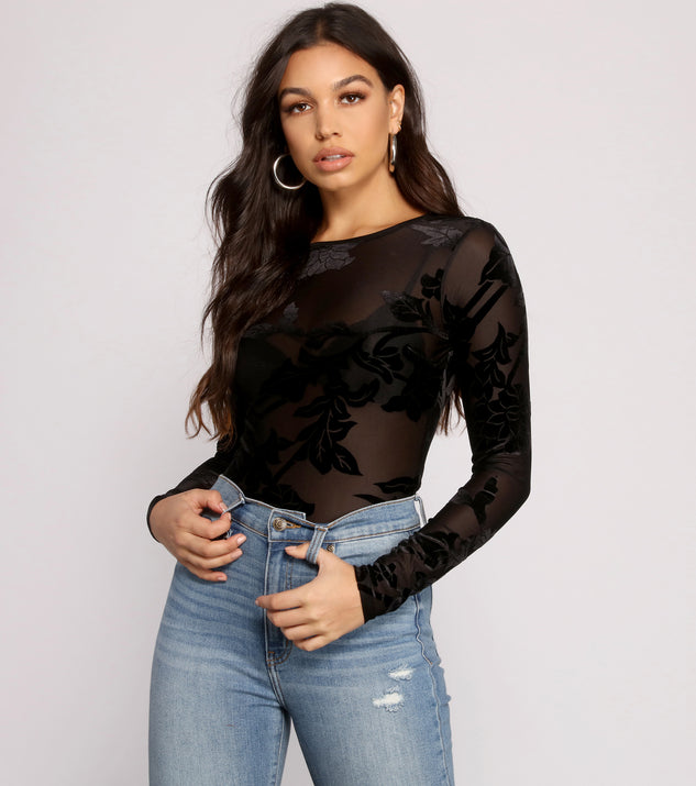 Flocked Floral Mesh Bodysuit creates the perfect New Year’s Eve Outfit or new years dress with stylish details in the latest trends to ring in 2023!