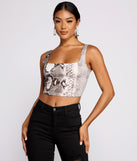 Sequin Snake Print Square Neck Crop Top creates the perfect New Year’s Eve Outfit or new years dress with stylish details in the latest trends to ring in 2023!