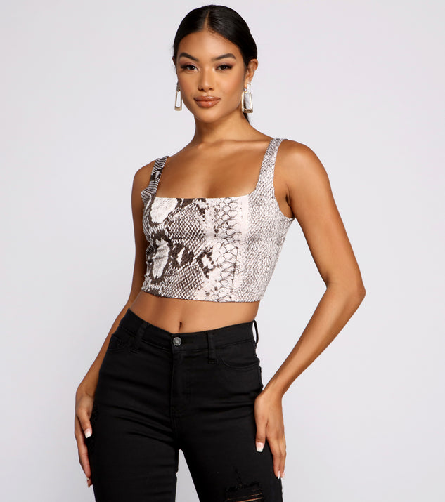 Sequin Snake Print Square Neck Crop Top creates the perfect New Year’s Eve Outfit or new years dress with stylish details in the latest trends to ring in 2023!