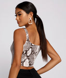 With fun and flirty details, Sequin Snake Print Square Neck Crop Top shows off your unique style for a trendy outfit for the summer season!