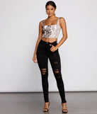 With fun and flirty details, Sequin Snake Print Square Neck Crop Top shows off your unique style for a trendy outfit for the summer season!