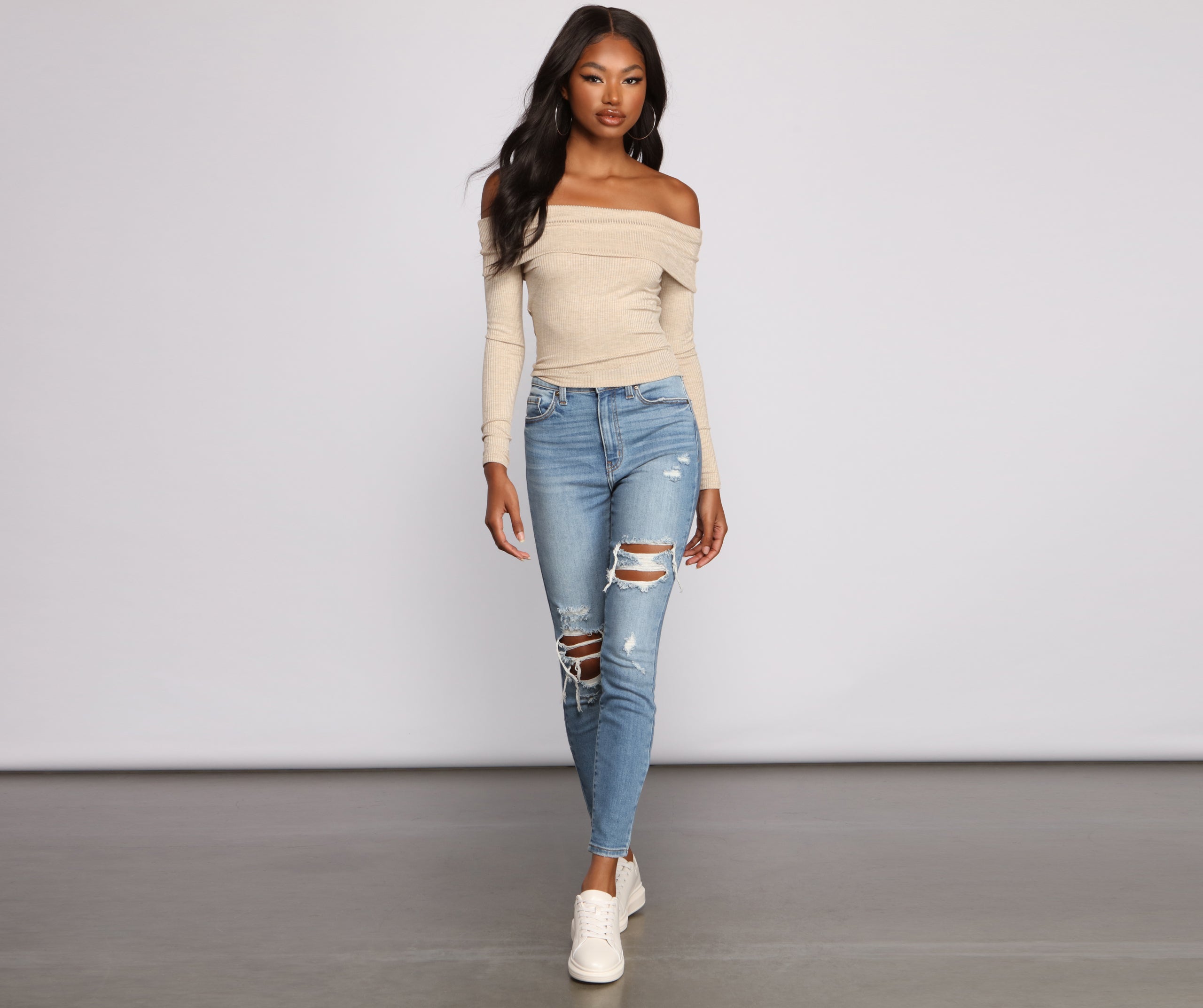 Ribbed Off The Shoulder Fold-Over Top | Windsor