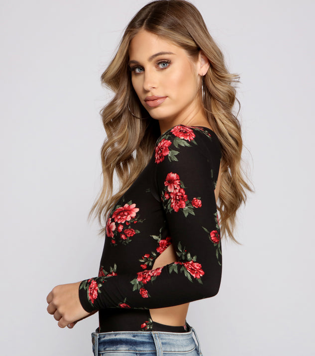 Dress up in Bold Floral Brushed Knit Bodysuit as your going-out dress for holiday parties, an outfit for NYE, party dress for a girls’ night out, or a going-out outfit for any seasonal event!