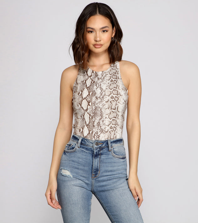 With fun and flirty details, Fierce Vixen Crepe Snake Print Bodysuit shows off your unique style for a trendy outfit for the summer season!