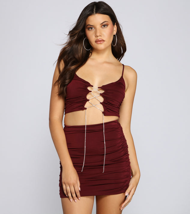 With fun and flirty details, Dazzling Glamour Rhinestone Crop Top shows off your unique style for a trendy outfit for the summer season!