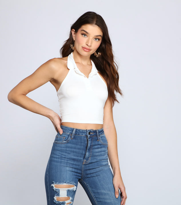 With fun and flirty details, Trendy Collared Halter Crop Top shows off your unique style for a trendy outfit for the summer season!
