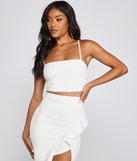 You’ll look stunning in the Look At Her Cross Back Crop Top when paired with its matching separate to create a glam clothing set perfect for a New Year’s Eve Party Outfit or Holiday Outfit for any event!