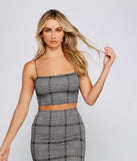 With fun and flirty details, So Poised Ponte Plaid Crop Top shows off your unique style for a trendy outfit for the summer season!