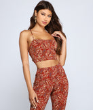 You’ll look stunning in the Paisley Chic Lace Up Crop Top when paired with its matching separate to create a glam clothing set perfect for parties, date nights, concert outfits, back-to-school attire, or for any summer event!