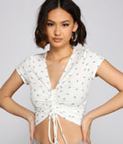 With fun and flirty details, Drawn To You Ruched Floral Crop Top shows off your unique style for a trendy outfit for the summer season!