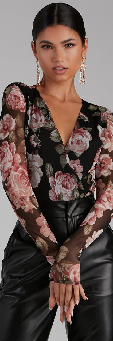 Autumn Roses Plunge Surplice Mesh Bodysuit helps create the best bachelorette party outfit or the bride's sultry bachelorette dress for a look that slays!