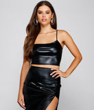 You’ll look stunning in the Dangerous Glam Faux Leather One Shoulder Crop Top when paired with its matching separate to create a glam clothing set perfect for parties, date nights, concert outfits, back-to-school attire, or for any summer event!