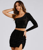 Greek Chic Flocked Velvet Crop Top helps create the best bachelorette party outfit or the bride's sultry bachelorette dress for a look that slays!