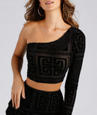 With fun and flirty details, Greek Chic Flocked Velvet Crop Top shows off your unique style for a trendy outfit for the summer season!