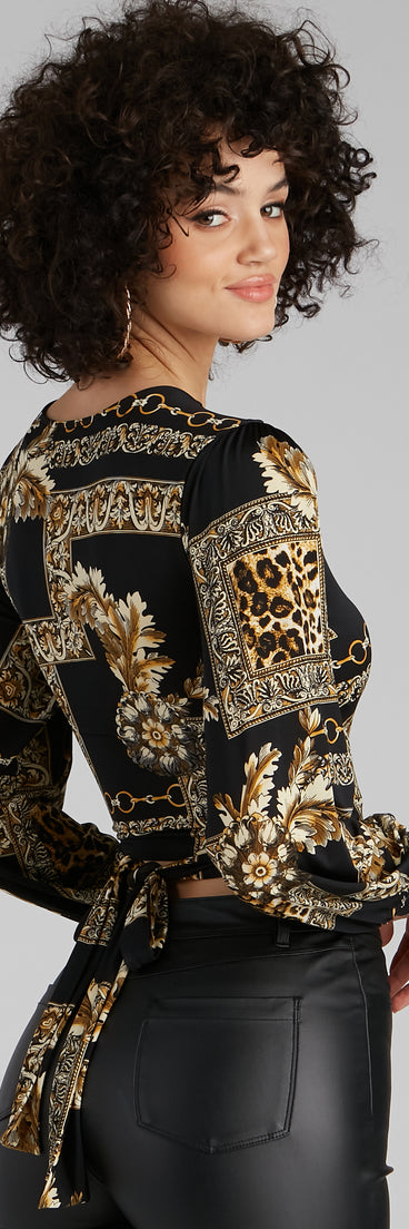 With fun and flirty details, Royal Wraps Scroll Cheetah Print Top shows off your unique style for a trendy outfit for the summer season!
