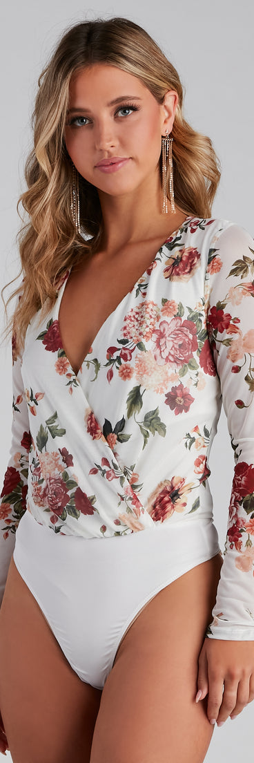 With fun and flirty details, Natural Bloom Mesh Floral Surplice Bodysuit shows off your unique style for a trendy outfit for the summer season!
