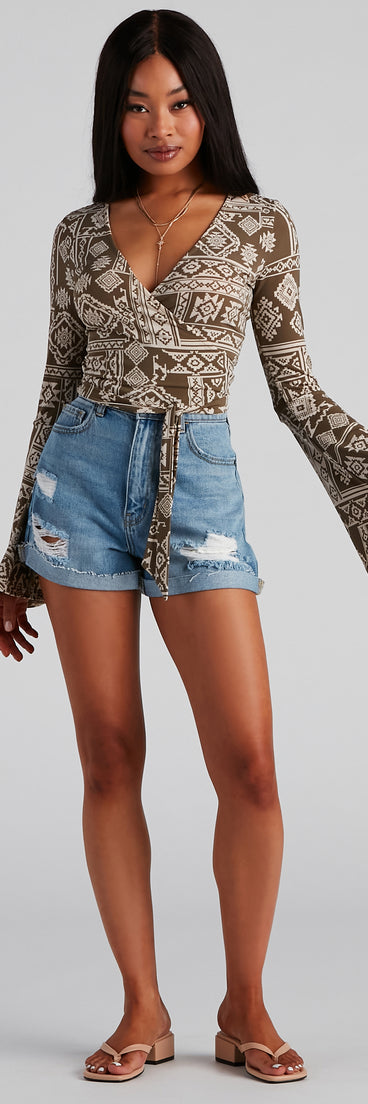 With fun and flirty details, Boho Bell Sleeve Wrap Top shows off your unique style for a trendy outfit for the summer season!