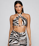 Wild Thing Zebra Halter Top is a trendy pick to create 2023 festival outfits, festival dresses, outfits for concerts or raves, and complete your best party outfits!