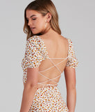 With fun and flirty details, Ditsy Blooms Lace-Up Crop Top shows off your unique style for a trendy outfit for the summer season!