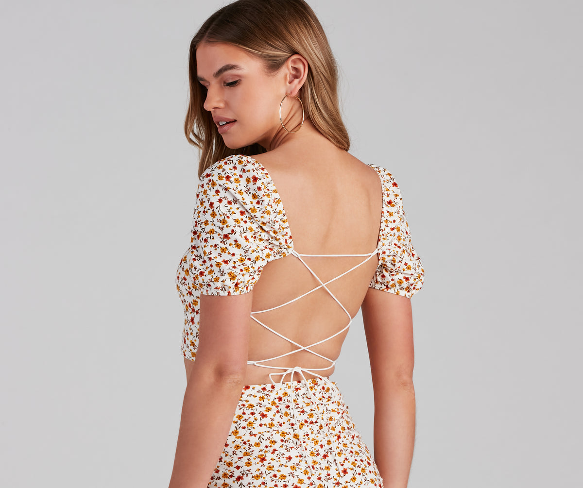 Ditsy Blooms Lace-Up Crop Top