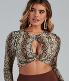 With fun and flirty details, Twist Of Fate Snake Print Crop Top shows off your unique style for a trendy outfit for the summer season!