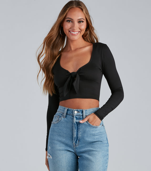 The trendy Love You Knot Tie-Front Crop Top is the perfect pick to create a holiday outfit, new years attire, cocktail outfit, or party look for any seasonal event!