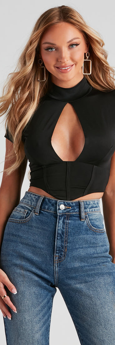 Dress up in Small Rewards Mock Neck Corset Top as your going-out dress for holiday parties, an outfit for NYE, party dress for a girls’ night out, or a going-out outfit for any seasonal event!