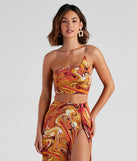 With fun and flirty details, Retro Swirls One Shoulder Top shows off your unique style for a trendy outfit for the summer season!