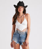 Modern Boho Halter Fringe Crop Top is a trendy pick to create 2023 concert outfits, festival dresses, outfits for raves, or to complete your best party outfits or clubwear!
