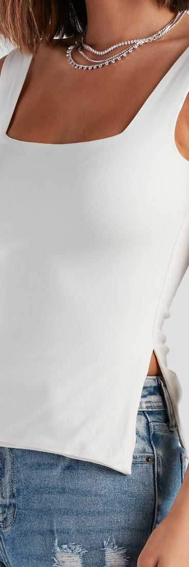 With fun and flirty details, All About Basic Slit Tank Top shows off your unique style for a trendy outfit for the summer season!