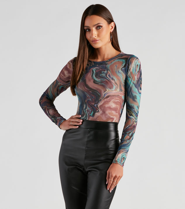 The trendy Artistic Swirls Mesh Crew Bodysuit is the perfect pick to create a holiday outfit, new years attire, cocktail outfit, or party look for any seasonal event!