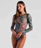 With fun and flirty details, Artistic Swirls Mesh Crew Bodysuit shows off your unique style for a trendy outfit for the summer season!
