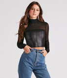 The trendy Total Grunge Faux Leather Corset Mesh Top is the perfect pick to create a holiday outfit, new years attire, cocktail outfit, or party look for any seasonal event!