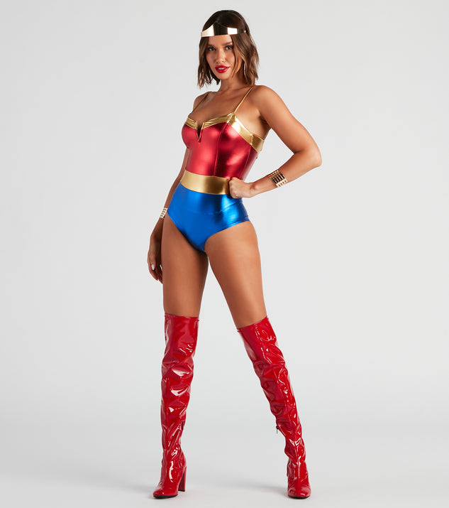 Women's Lady Justice Costume from Windsor styled with a red and blue bodysuit with gold trim, gold crown, gold arm cuff, & red latex over-the-knee boots 