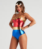 Front view of red and blue bodysuit costume with gold trim for a women's comic book hero costume