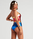 Back view of red and blue bodysuit costume with gold trim for a 2022 Women's Lady Justice Costume