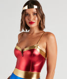 Gold Trim on red and blue bodysuit costume for a comic book heroine costume 