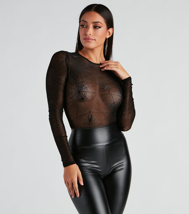 Spider Babe Mesh Graphic Bodysuit for a sexy Halloween costume party outfit